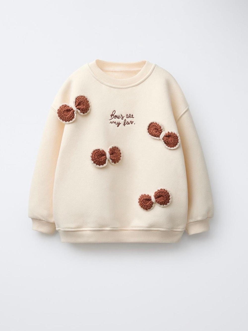 Zara Cream Crewneck Sweatshirt with Brown Puff-Bow Appliqués